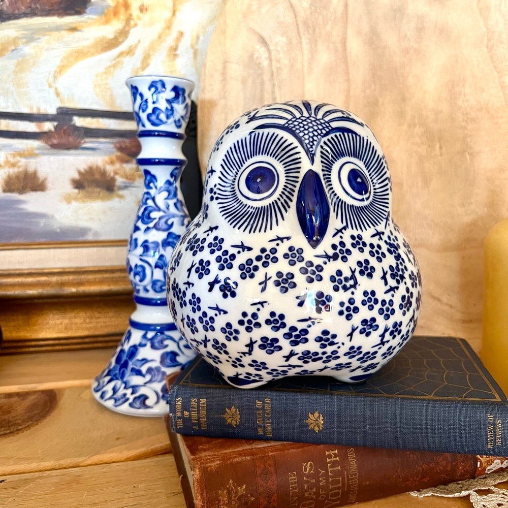 Chunky! Blue & White Chinoiserie Owl Figurine Floral Cottagecore Cabincore